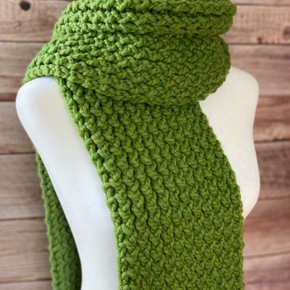 Green Knit Scarf Wool Blend Chunky Long
